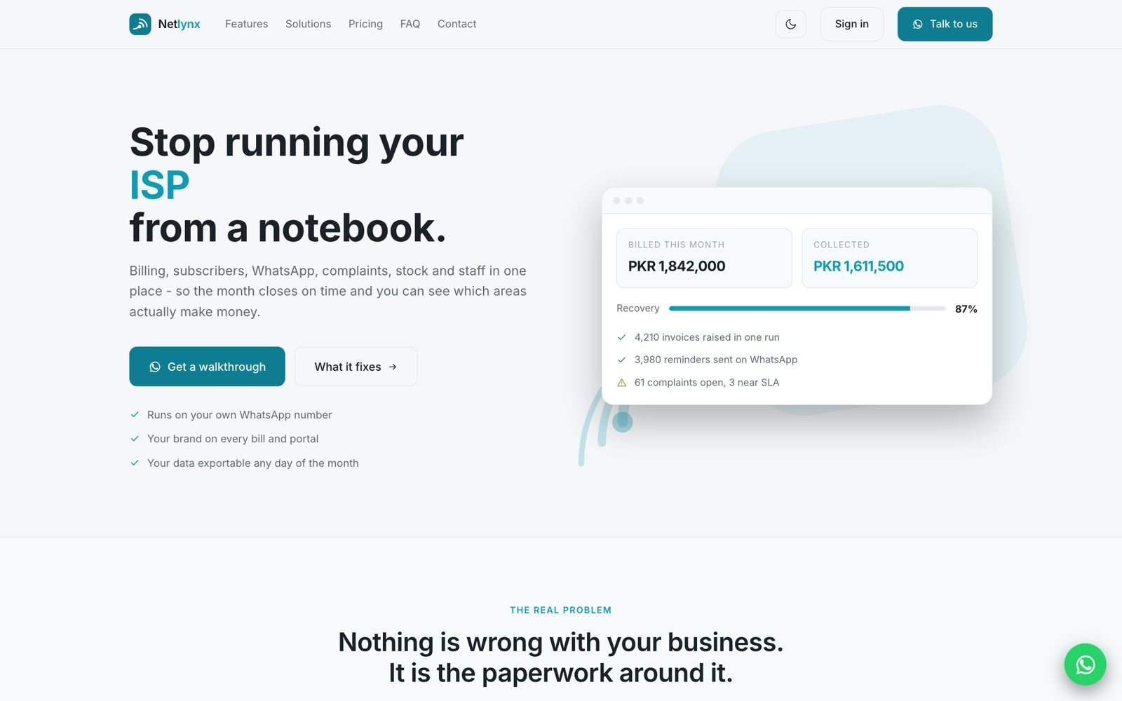The Netlynx website: billed and collected this month, invoices raised and reminders sent